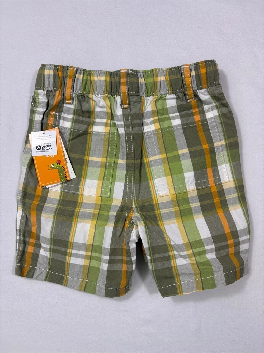 Gymboree Olive, Orange & White Little Sprout Plaid Pull On Drawstring Shorts